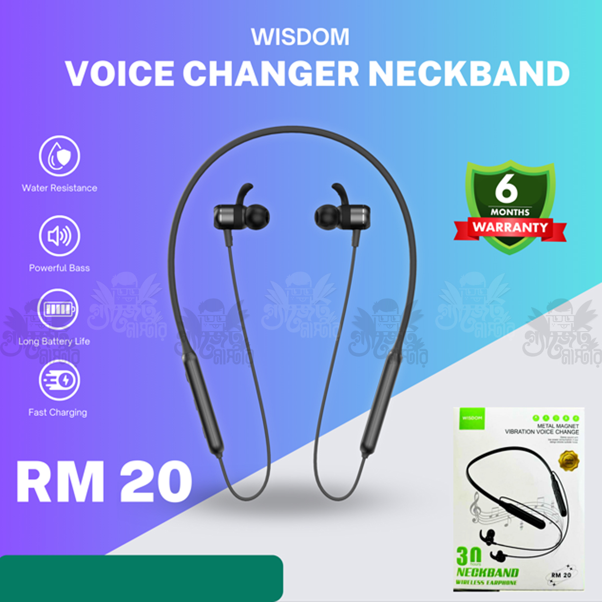 Wisdom RM-20 Neckband Bluetooth Headset with 30H charging Backup