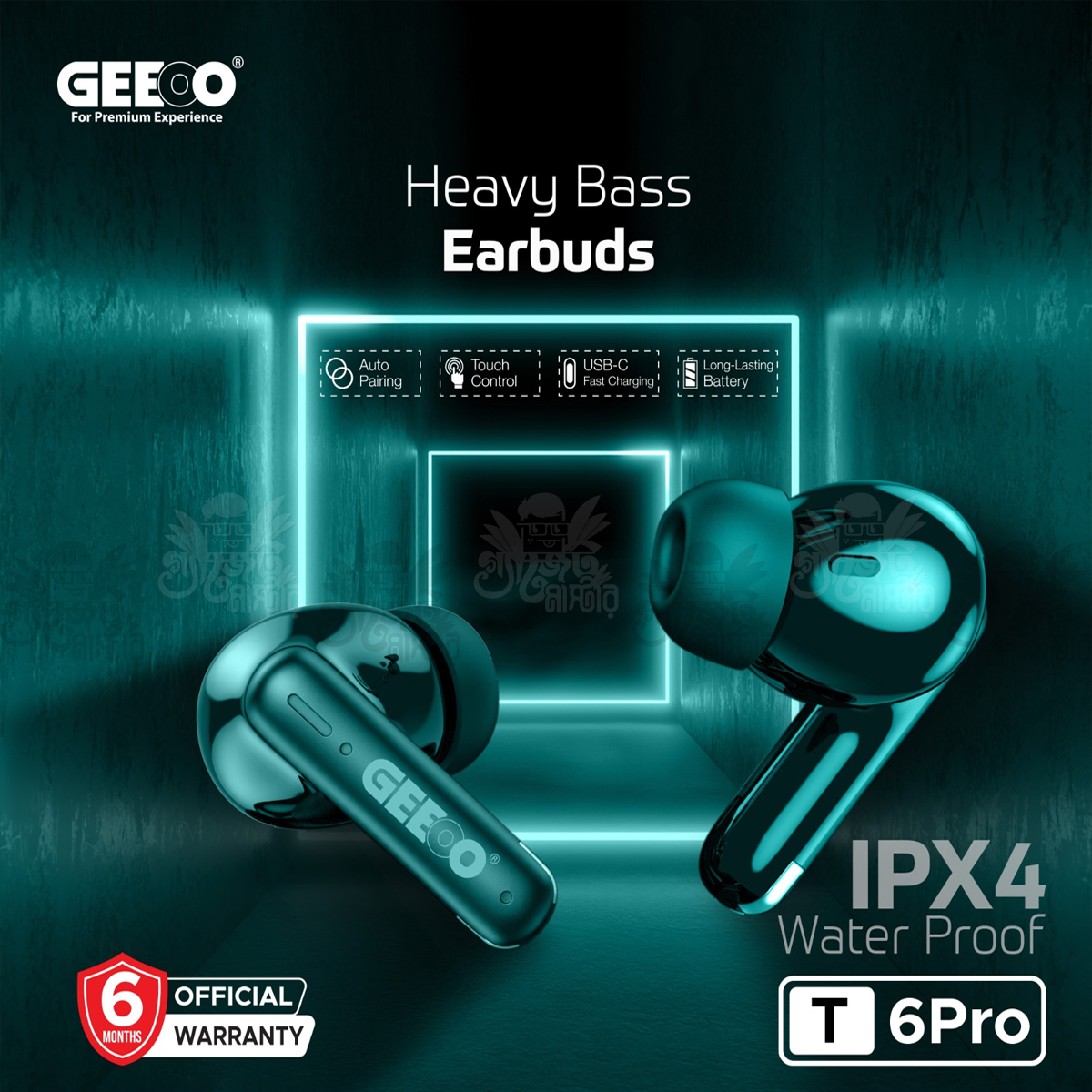 GEEOO T6 Pro Heavy Bass Fast Charging Earbuds