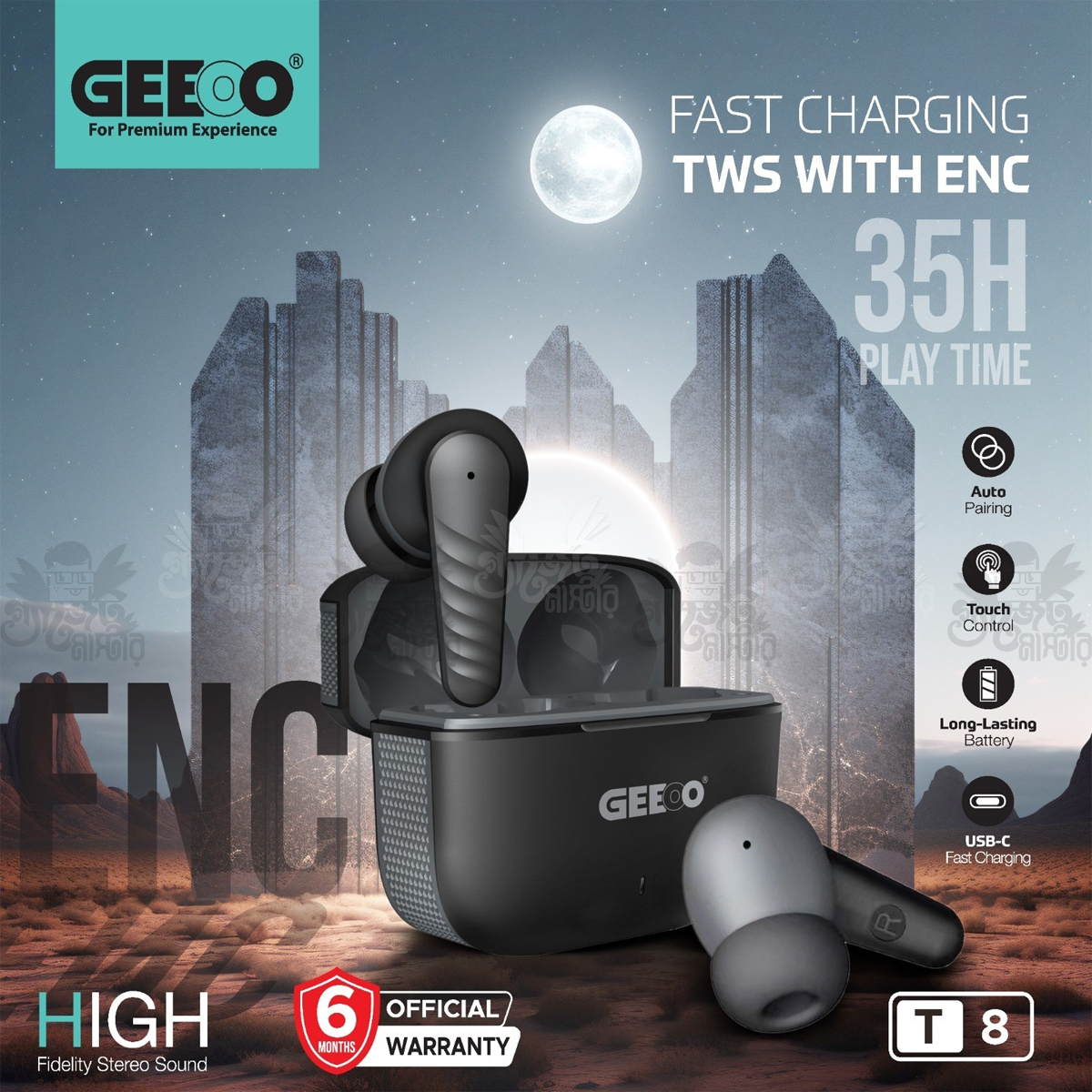 Geeoo T8 Fast Charging TWS with ENC Earbuds